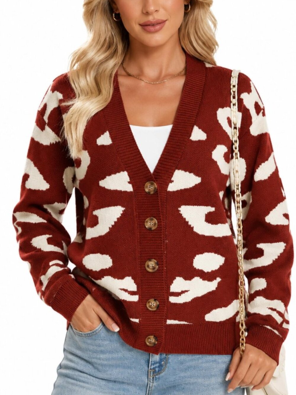Women's Open Front Button Down Leopard Stripe Cozy Cardigan Sweater Outwear